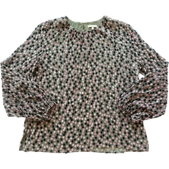 ANN MASHBURN Tops - Ann Mashburn Green Silk Fil Coupe Polka Dot Balloon Sleeve Blouse Large